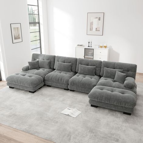 Canapé d'angle modulable en U, convertible 4 places avec pouf détachable, tissu chenille gris, meuble de salon confortable et personnalisable, ensemble modulaire à assembler librement (1/5)