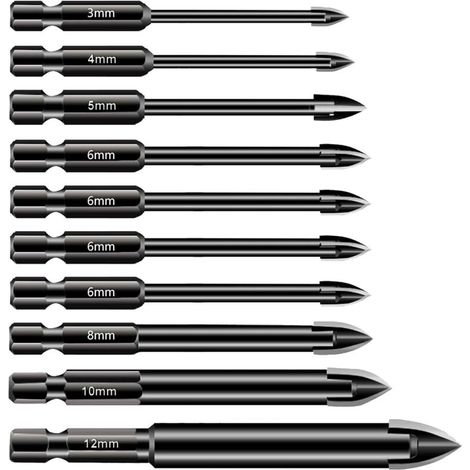 10pcs Multifunction Carbide Hex Shank Drill Bit Set for Porcelain Tile, Ceramic, Mirror, Concrete, Brick Walls, Glass