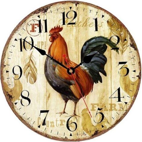 Horloge Murale Cuisine 10 Pouces Design Coq Rustique Silencieuse Mécanisme Quartz Ronde