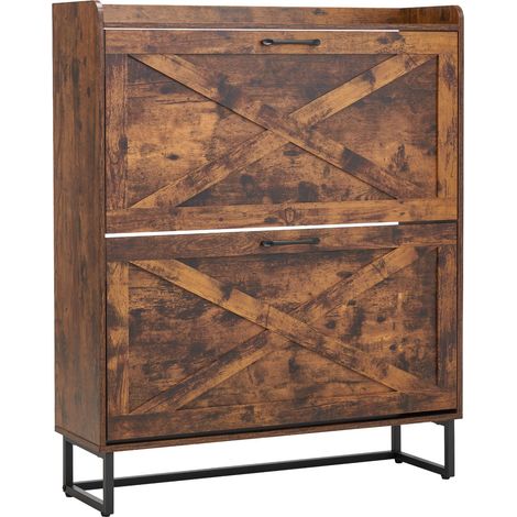 Meuble à chaussures avec 2 tiroirs rabattables, armoire de rangement à chaussures de style ferme avec pieds en métal et dispositif anti-basculement, pour entrée, couloir, chambre, salon, marron (1/5)
