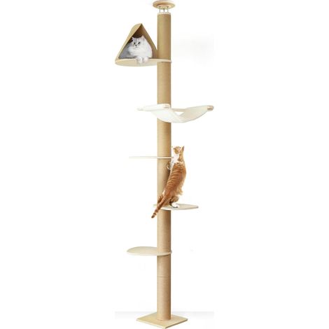 Arbre à Chat du Sol au Plafond, Tour d'escalade à 6 Niveaux de Hauteur Réglable avec Griffoirs Épais, Centre d'Activité pour Chat avec Hamac Douillet, Beige (1/5)