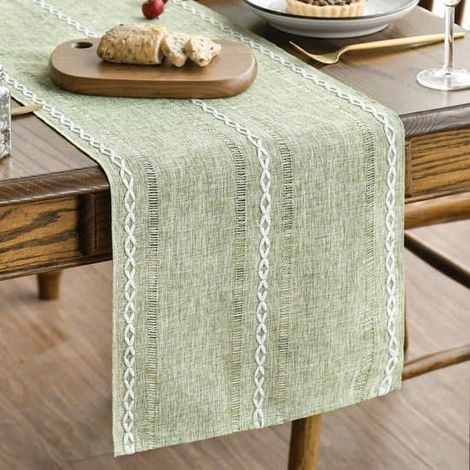 Chemin de table champêtre en coton et lin brodé, idéal pour les décorations de fêtes saisonnières à la maison, gris-bleu, 35 x 180 cm (1/5)