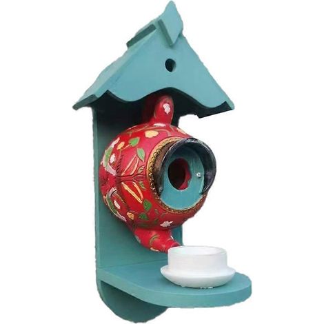 Mangeoire à oiseaux en résine en forme de théière - Mangeoire murale extérieure pour la décoration du jardin et de la maison, durable et résistante aux intempéries. (1/5)