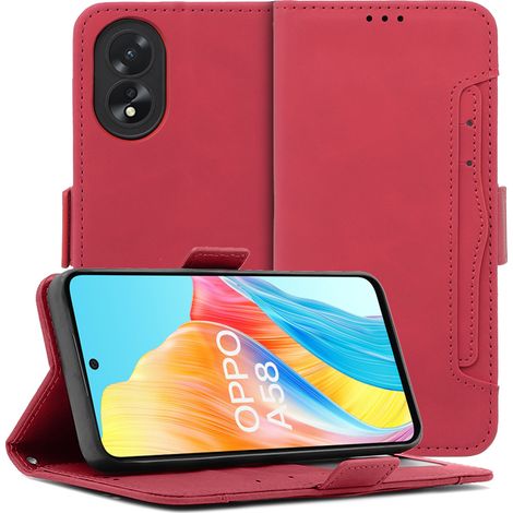 Funda tipo libro para Oppo A58 4G, con ranura para tarjeta, color rojo. (1/5)