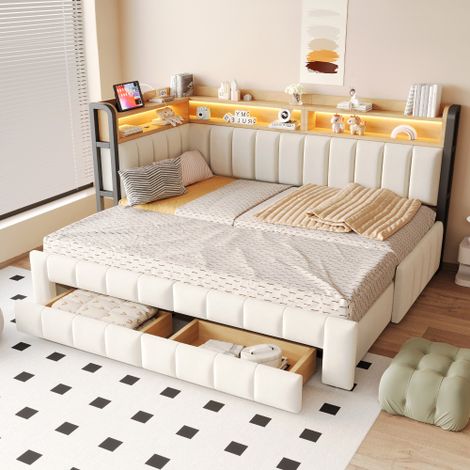 Letto/divano letto imbottito 90/180 × 200 cm con sezione letto estraibile e cassetti contenitore, con ripiano e vani portaoggetti, con illuminazione a LED, porte USB e Type-C, tessuto in velluto beige (1/5)