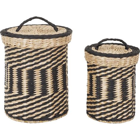 Lot de 2 Paniers Tressés Ethniques Coloris Naturel et Noir avec Couvercle