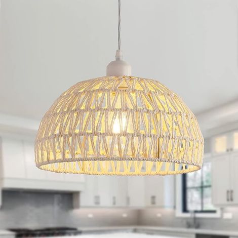Suspension Luminaire en Rotin Moderne Lustre Abat-jour en Rotin Naturel Lampe Suspendue Hauteur Réglable E27 Suspension pour Cuisine Chambre Salon Café (Blanc) (1/5)
