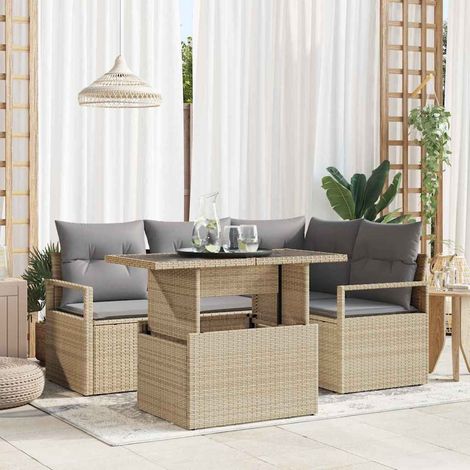 Garten-Sofa-Set mit Kissen 5 pcs Beige und Hellgrau Poly-Rattan (1/5)