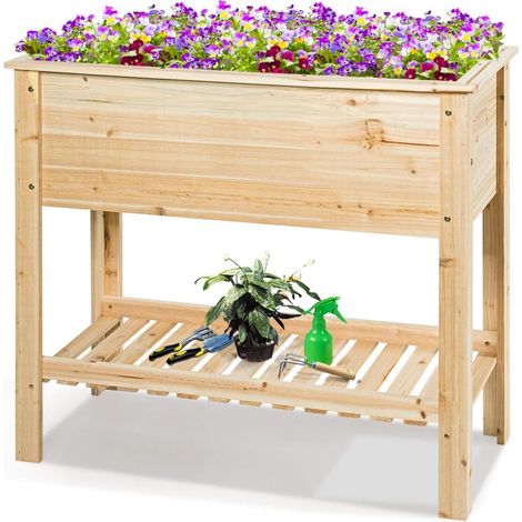 Goplus – Carré potager sur pieds en sapin – Jardinière rectangulaire 91,5 x 40,5 x 80,5 cm – Charge 80 kg – Avec étagère pour rangement (1/5)