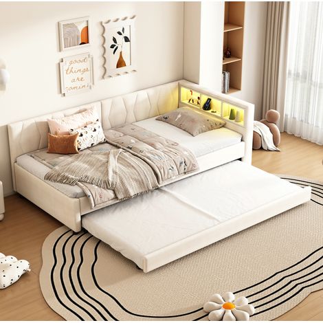 MEUBLIV Bett 90x200 cm Beige – Bettgestell mit Stauraum, LED und Ausziehbett, ohne Matratze (1/5)