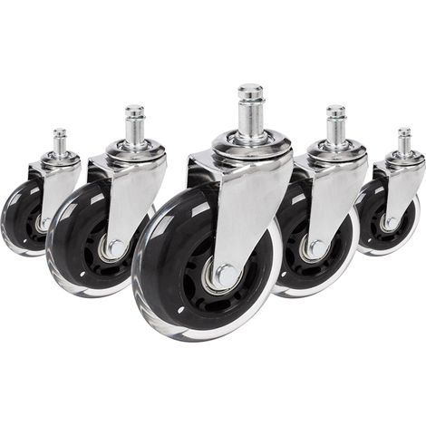 5x Hartbodenrollen ROLO SKATE 11mm / 75 mm Büro-Stuhl-Rollen Chrom transparent (5er Pack) (1/5)