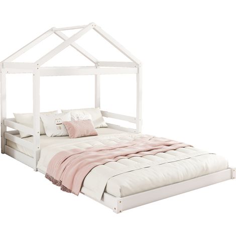 Lit cabane 140 x 200 cm pour enfant avec sommier à lattes, structure en pin et MDF, blanc, style minimaliste, sans matelas, chambre tendance  CHICFURN (1/5)