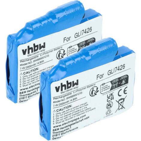 vhbw 2x batería compatible con Glovii GP1R, GJ1G, GXB, GJ1R, GP1C, GJ1, GP1G, GJ1C, GXR, GP1 guantes de moto calefactados (2000 mAh, 7,4 V, Li-Ion)