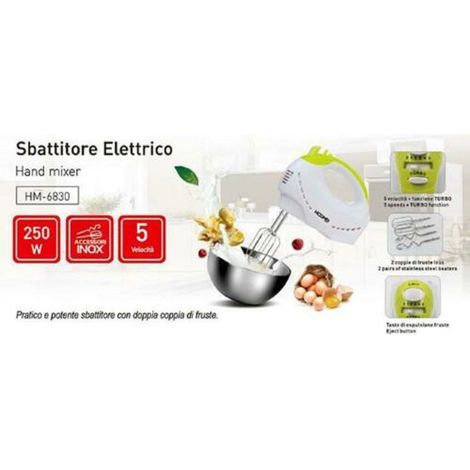 TrAdE Shop Traesio - Sbattitore Elettrico 250 Watt Con Doppio Set Di Fruste 5 Velocità Hoomei Hm-6830 -