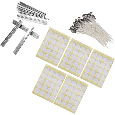 100 mèches de bougie en cire blanche avec support, 100 bandes adhésives double face en mousse, 10 supports de mèche en acier inoxydable jaunes (1/5)