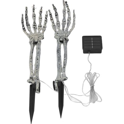 Paar Skelett-Pfähle mit leuchtenden Armen, LED-Solarpanel, Kupferdrähten und gruseligen Händen für leuchtende Halloween-Dekorationen. (1/5)