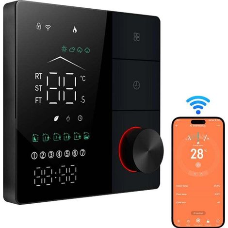 WiFi Connected Thermostat, for Electric Floor Heating Compatible, with LED Touch Screen, Voice Control and Remote Control - Black and White (1/4)