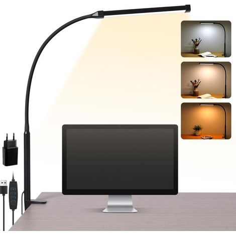 Lampe de bureau LED à pince – 3 modes de couleur et 10 niveaux de luminosité, lumière du jour, protection des yeux, lampe de lecture à col de cygne flexible – réglable à 360° – noir (1/5)