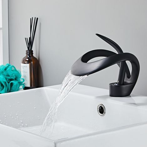 Waterfall basin tap – black brass tap, ceramic valve core – saves up to 30% water. (1/5)