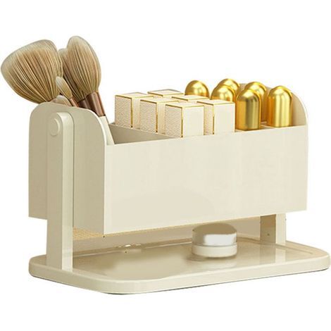 Présentoir à rouge à lèvres de comptoir, boîte de rangement cosmétique à plusieurs compartiments pour pinceaux de maquillage, crayons à sourcils et boucles d'oreilles, blanc laiteux. (1/5)