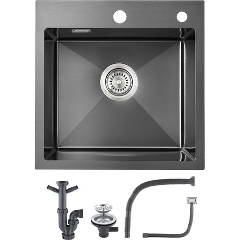 Évier de cuisine en acier inoxydable Noir-Gris - 45 x 45 cm - Petit évier de cuisine encastrable avec trou pour robinet et trop-plein (sans siphon) - 1 bac carré - Pour meuble bas de 50 cm (1/5)