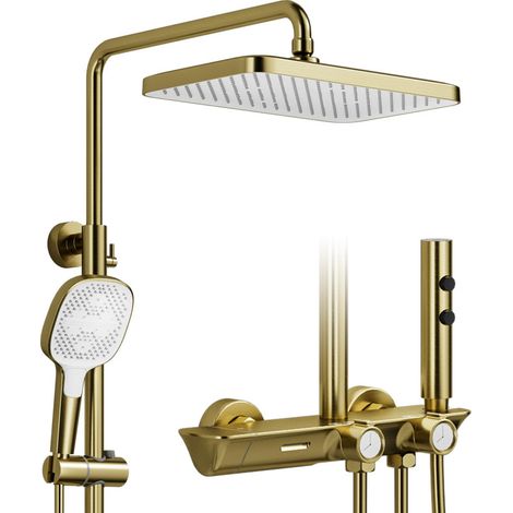 Colonne de douche, colonne de douche thermostatique en or brossé Ensemble de colonne douche 4-en-1, grande pomme de douche à effet pluie 320 × 220 mm, douche à effet pluie avec accessoires (1/5)