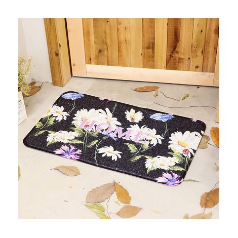 Tapis de porte en PVC résistant, robuste, antidérapant et anti-poussière pour salles de bain et cuisines - HOME. Fond noir à fleurs colorées - 60 x 90 cm