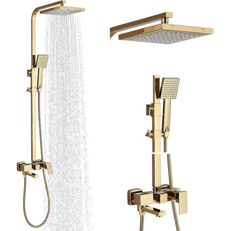 1 Ensemble de douche 3 fonctions système rangement effet pluie douchette mélangeur doré salle de bain