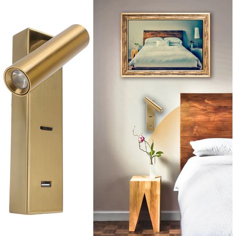 Applique murale minimaliste LED d'intérieur, lampe de lecture de bureau d'hôtel, applique murale avec interrupteur, sortie USB, lampe de chevet LED pour chambre à coucher, lumière chaude. (1/5)