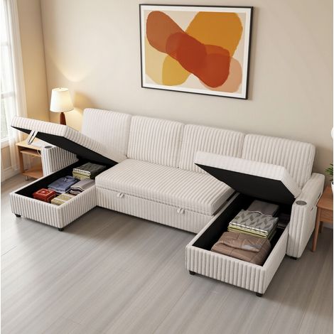Canapé convertible modulable avec rangement, USB et Type-C, porte-gobelets, table, velours côtelé - beige (1/5)