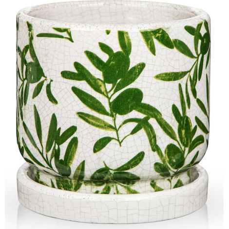 Keramik Blumentopf mit Untersetzer, 14cm, Olivenblattmuster, mit Abflussloch (1/5)