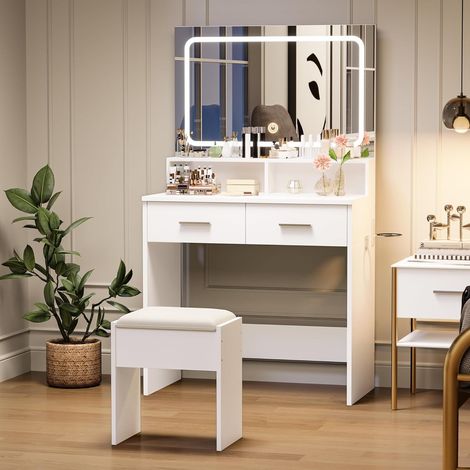 Coiffeuse avec Miroir LED et Tabouret, Éclairage Réglable 3 Couleurs, 2 Tiroirs, 2 Étagères de Rangement Ouvertes, Table de Maquillage Moderne 39x80x136 cm