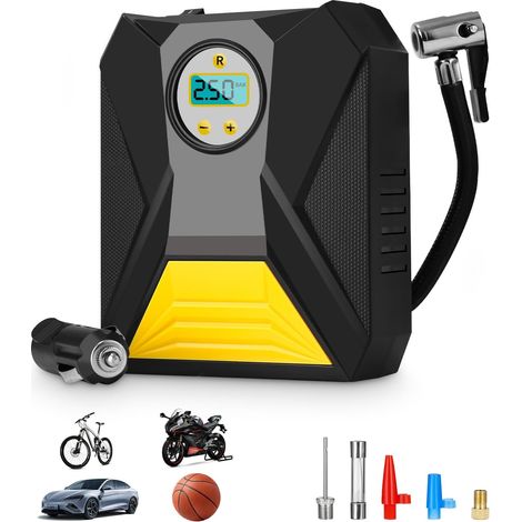 12-V-Autoreifenpumpe, tragbarer Auto-Luftkompressor mit Düsenadaptern und LED-Leuchten, LCD-Display, automatischer Abschaltung, Akku-Kompressor für Auto, Motorrad, Fahrrad, Bälle (1/5)