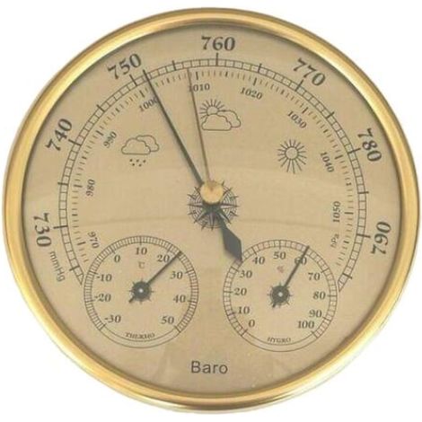 Station météo 3-en-1 en aluminium doré, baromètre, thermomètre et hygromètre, 132 mm, pour intérieur et extérieur. (1/5)