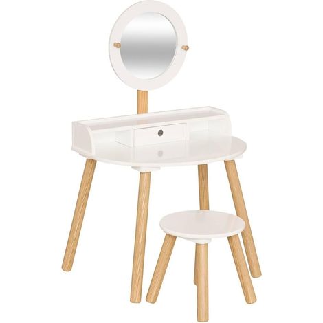 Coiffeuse enfant – Blanc et bois – 61 x 42 x 89 cm – Avec tabouret, miroir et tiroir – Design scandinave pour chambre d’enfant (1/4)