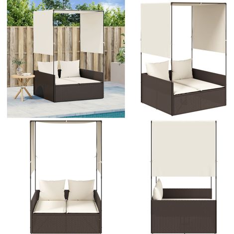 Doppel-Sonnenliege mit Dach und Vorhängen Braun Poly Rattan - Doppelsonneliege - Gartenliege - Sonnenschirm - Outdoor Möbel - Lounge Chair - Home & Living (1/5)