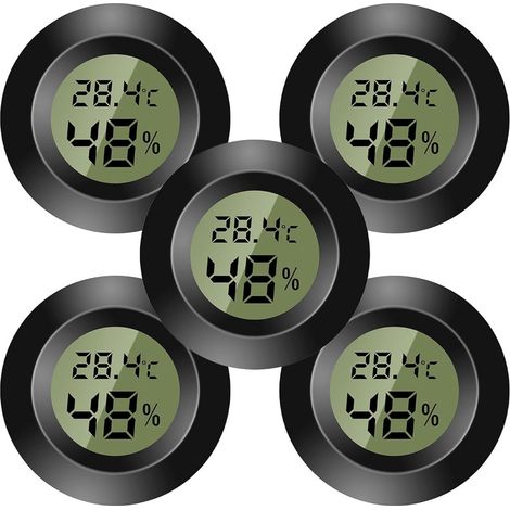 Lot de 5 mini thermomètres numériques - Moniteur de température et d'humidité - Hygromètre - Pour chambre d'enfant, incubateur de guitare, reptiles, serres de voiture - Noir (1/5)