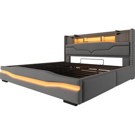 Cama con almacenaje capitoné 180 x 200 cm en lino gris con LED, USB y elevación hidráulica (1/5)