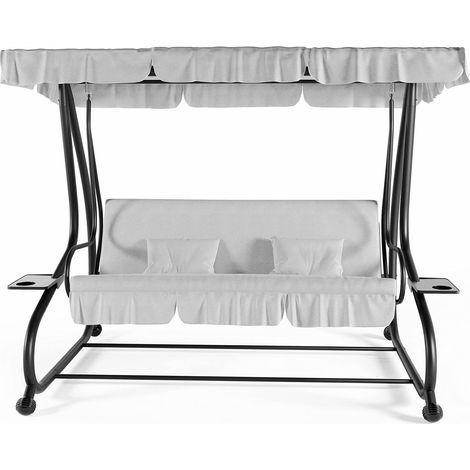 Dondolo 3 Posti Reclinabile Madeira Tettuccio Parasole Regolabile Cuscini Imbottiti Diventa Letto Struttura Robusta In Acciaio Verniciato Giardino Esterno Balcone Terrazzo 200 x 120 x 160 cm Beige - C