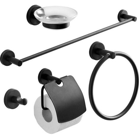 5 accessoires muraux salle de bain, finition noir mat, porte-serviettes + porte-rouleau + porte-savon + cintre + porte-serviettes annulaire, design compact pour petits espaces