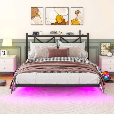 DESVIAE Lit plateforme flottant 140 x 200 cm en métal noir avec éclairage LED station de charge USB et tête de lit de rangement (1/4)