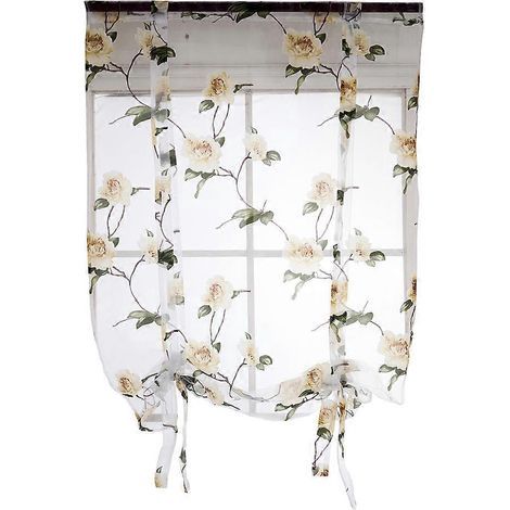 Rideau romain fleuri semi-transparent à nouer, idéal pour salon, balcon ou chambre, 1,4 x 1,6 m (Jaune)-Yellow