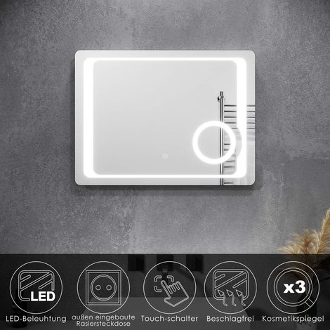 SONNI Badspiegel LED Touch mit Beleuchtung Beschlagfrei Kosmetikspiegel Steckdose 80x60cm
