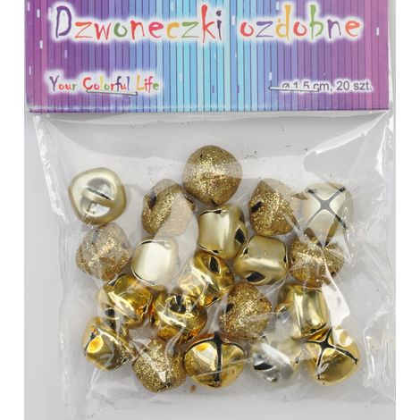 Clochettes métalliques à paillettes dorées 1,5 cm, 20 pièces.
