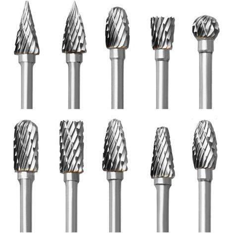 Jeu de Fraises Rotatives en Carbure, 10 pièces Double Coupe Fraises pour Dremel Accessoires avec Tige Sculpture sur bois, Perçage, Gravure, Polissage de Métal (1/5)