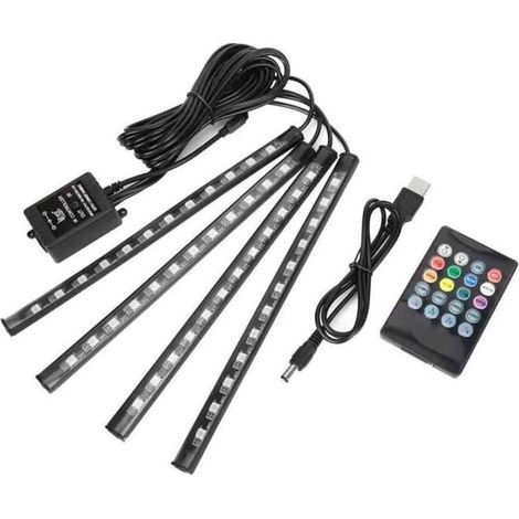 4x12 LED Lumière de Voiture, Éclairage d'ambiance Intérieur de Auto avec Port USB et Télécommande, Bande de Lampe Couleur Musicale de Décoration (1/5)