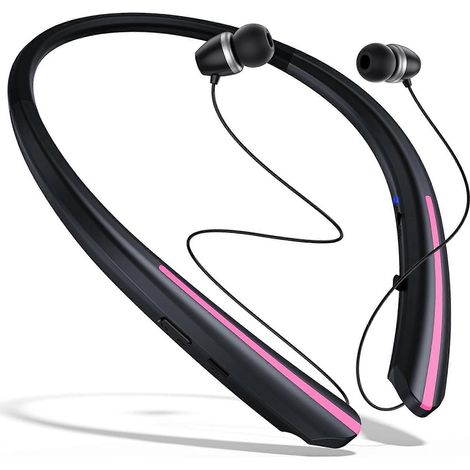 Deux paires d'écouteurs Bluetooth sans fil de type tour de cou, avec oreillettes rétractables pour une protection contre la transpiration et réduction de bruit stéréo. (1/5)
