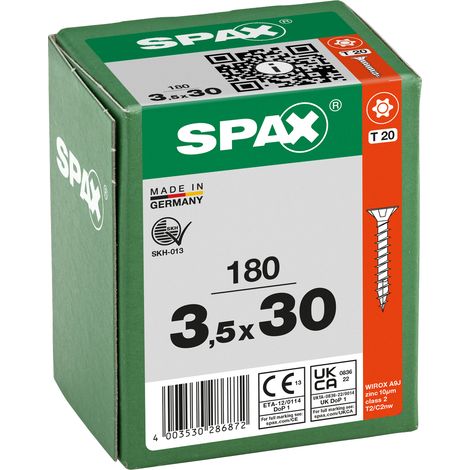 SPAX Vis universelle, 3,5 x 30 mm, 180 pièces, filetage complet, tête fraisée, T-STAR plus T20, 4CUT, WIROX - 8000000286872