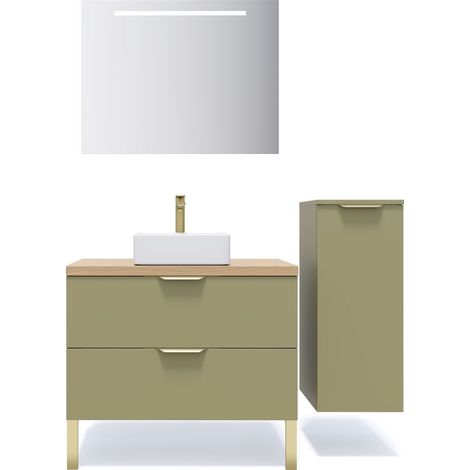 Meuble de salle de bain suspendu vasque à poser 90cm 2 tiroirs Vert olive + miroir + colonne ouverture droite - Venice (1/5)