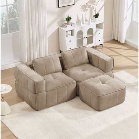 Sofá modular en L 198x162x67 cm, con taburete, sin estructura, asiento profundo, poliéster color arena (1/5)